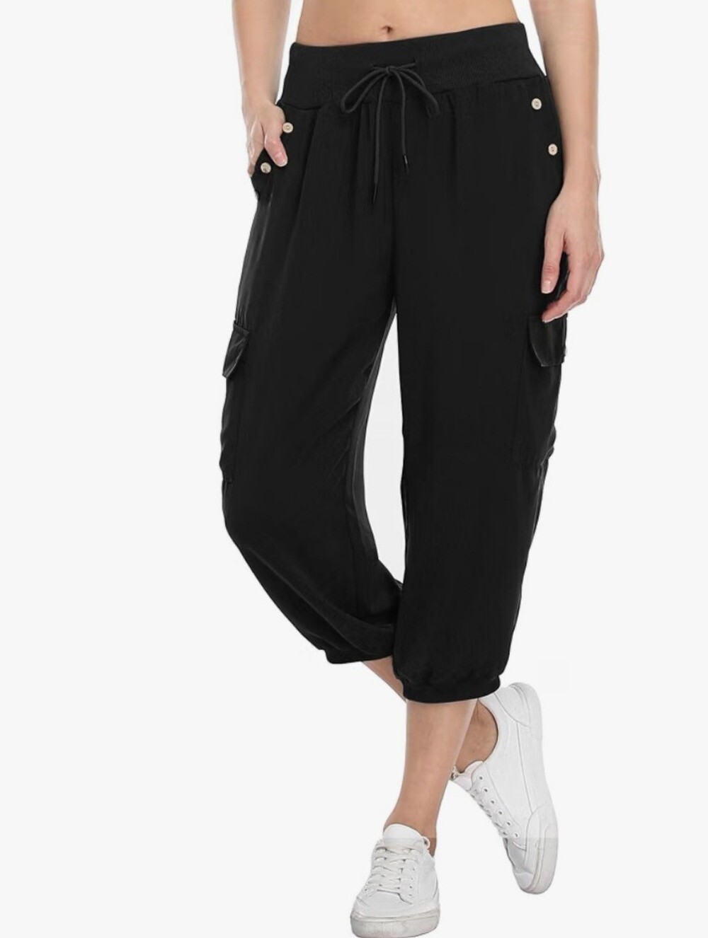 Women's Black Drawstring Cargo Jogger Crop Pants